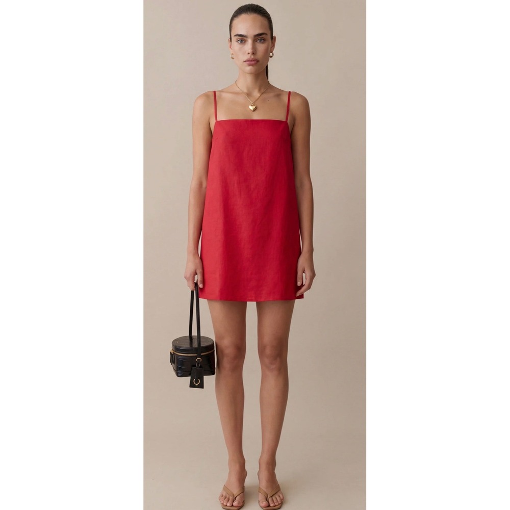Few Moda Kourt Women Red 100% Linen Mini Dress Spaghetti Strap Shift Small